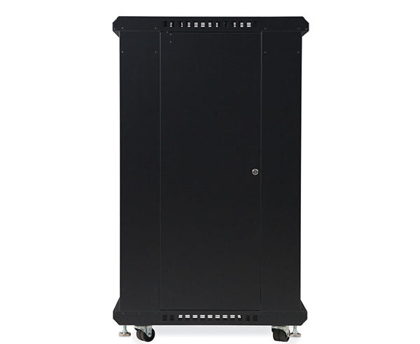22U LINIER server cabinet, close-up of the base with wheels and stabilizers