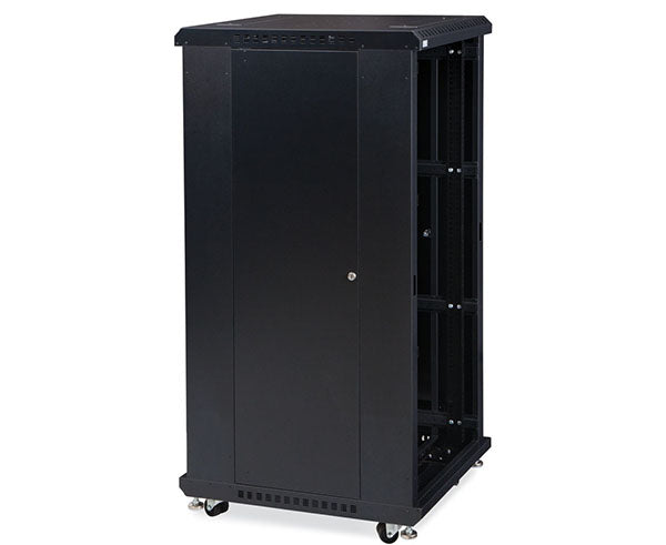 27U LINIER server cabinet featuring caster wheels, no doors, 24-inch depth