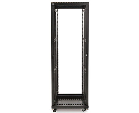 Open 37U LINIER server cabinet with multiple shelves and caster wheels for storage and transport