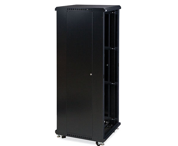 Angled view of the 37U LINIER server cabinet with caster wheels and side panel visible
