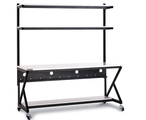 A 72-inch Performance 100 Series LAN Station in Folkstone color with dual shelving
