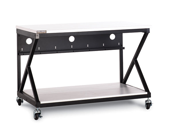 A 48-inch Performance 300 Series LAN Station in Folkstone color with a sturdy frame and adjustable shelves