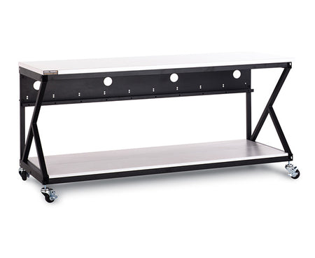 A 72-inch Performance 300 Series LAN Station in Folkstone color with a sturdy frame and adjustable shelves