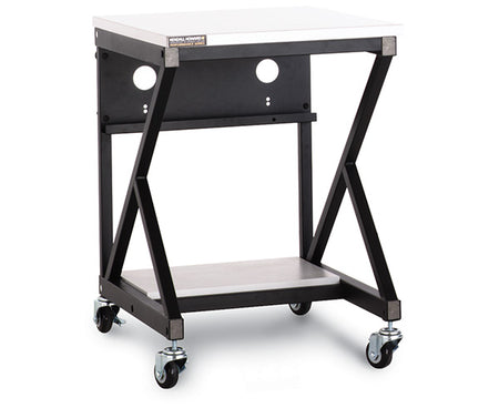 A 24-inch Performance 400 Series LAN Station in Folkstone color with multiple shelves and a sturdy frame