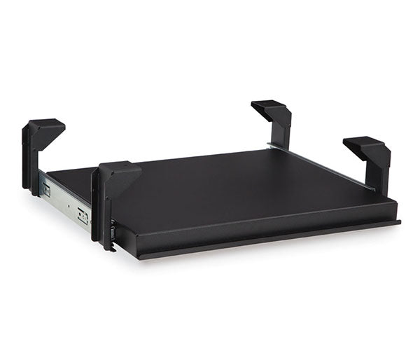 Side view of the LAN station keyboard tray with sturdy metal legs
