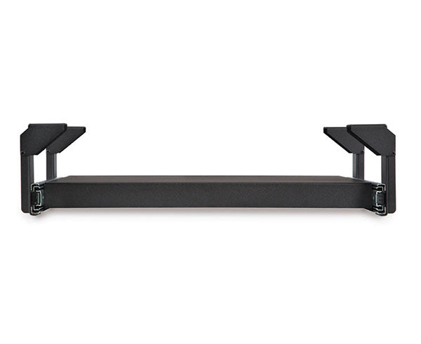 Isolated view of the LAN station keyboard tray with metal leg supports