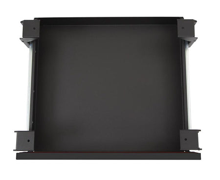 Contemporary black metal shelf with bracket detailing for the African Mahogany LAN station