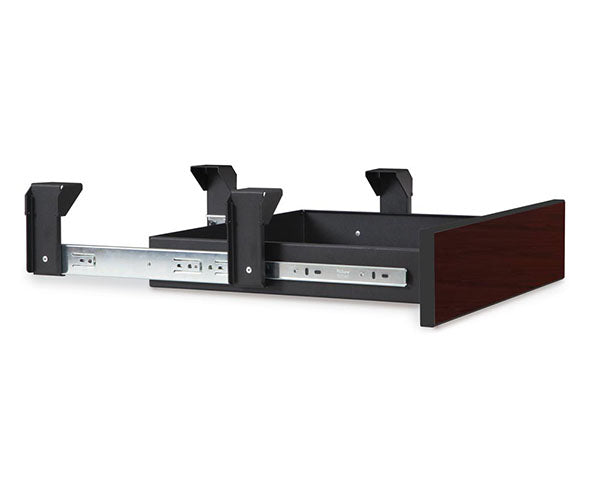 Minimalist drawer with metallic brackets, part of the African Mahogany LAN station series