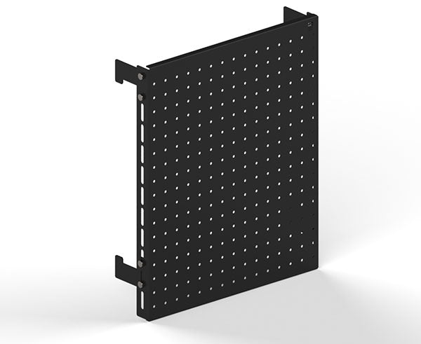 Wall-mounted 15” x 18” LAN station pegboard with an array of empty holes for customization