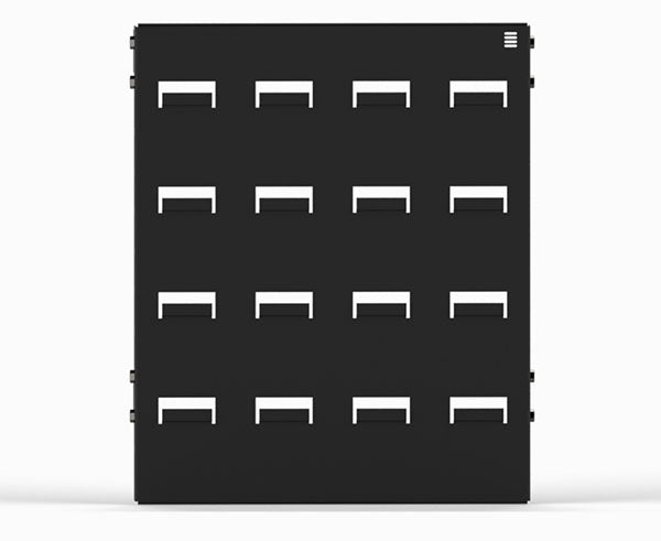Wall-mounted LAN station louvered panel in black, isolated on a white background