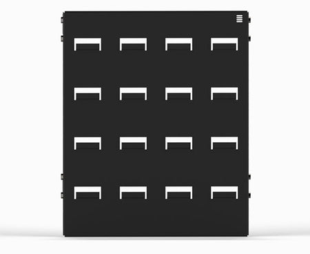 Wall-mounted LAN station louvered panel in black, isolated on a white background