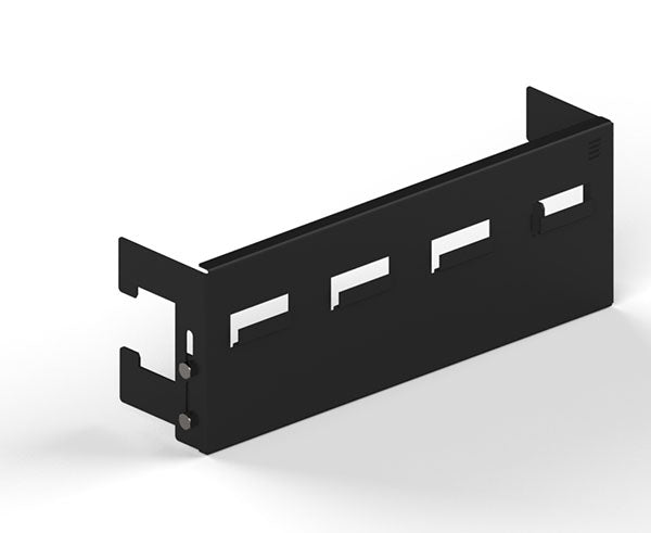 Close-up of the LAN Station louvered panel with mounting holes for accessories