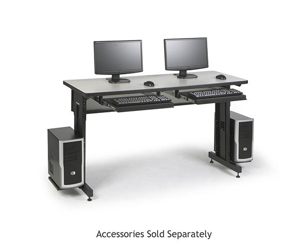 Workspace arrangement on a Folkstone training table featuring two screens and input devices