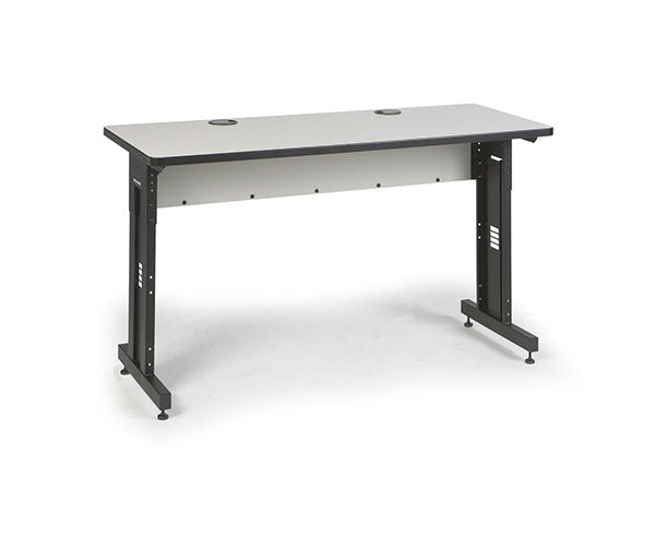 Angled view of a 60" W Folkstone training desk with a gray top and black frame