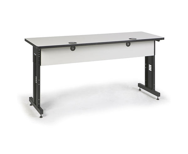 Angled view of the Folkstone training table with white surface and black frame