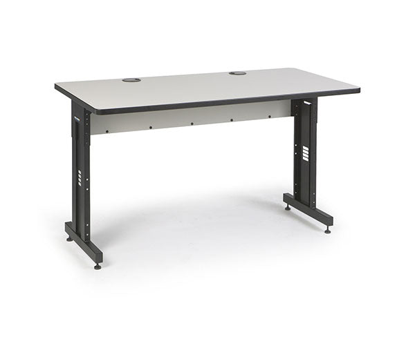 Side view of the folkstone training table with black frame and gray work surface