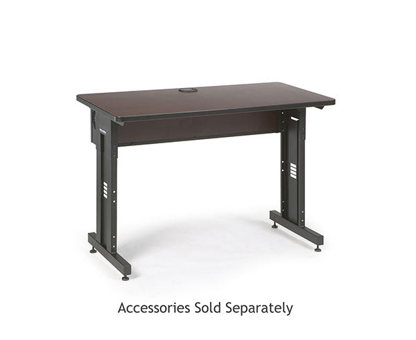 Sleek training table with a black frame supporting an African mahogany work surface