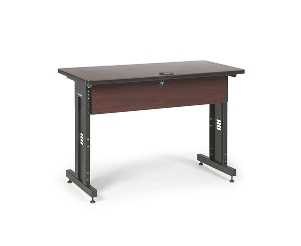 Contemporary rectangular training table with black supports and a rich African mahogany top