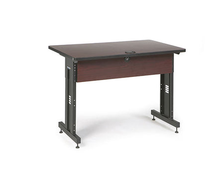 Compact training table with a black frame and African mahogany top