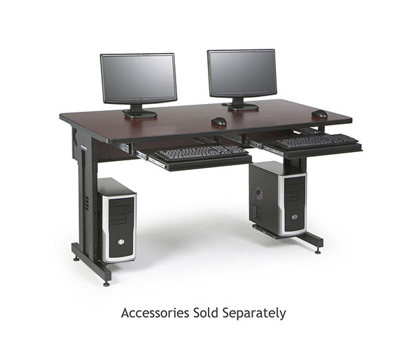60-inch wide training table with African mahogany finish and dual monitor setup