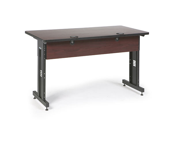 Full view of the rectangular training table with African mahogany finish and black support structure