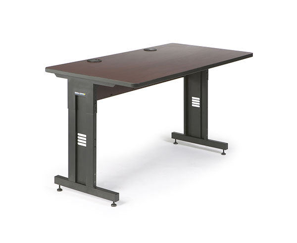 Side angle of the 60 by 30-inch training table with a brown top and black base