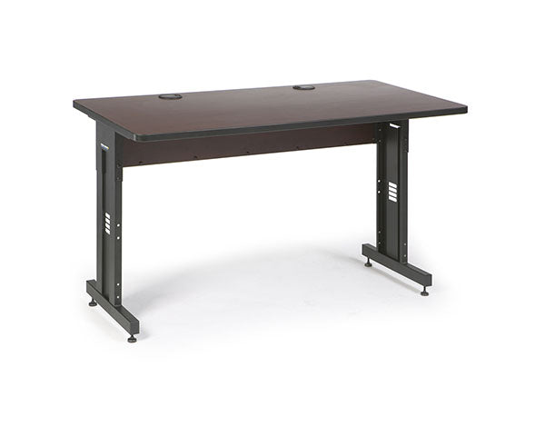 Perspective shot of the 60x30 training table with dark brown top and contrasting black base