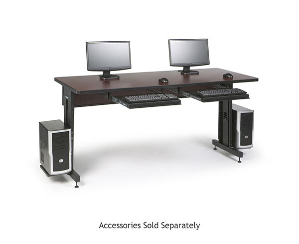 Office desk equipped with dual monitor setup and a keyboard on an African Mahogany top