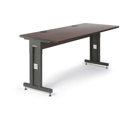 Modern training desk with African Mahogany surface and sturdy black base