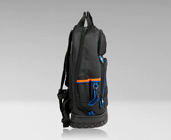 A black technician's backpack with orange and blue detailing