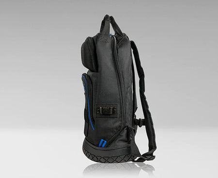 A durable black backpack with reinforced blue straps
