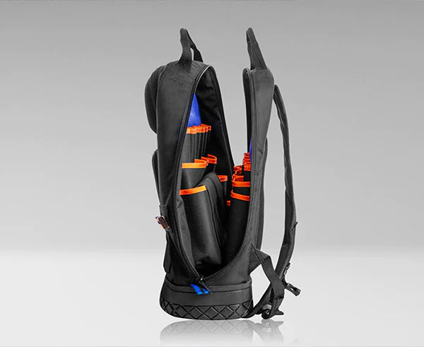 A rugged black and orange tool backpack with ergonomic straps