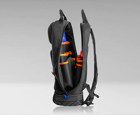 A rugged black and orange tool backpack with ergonomic straps