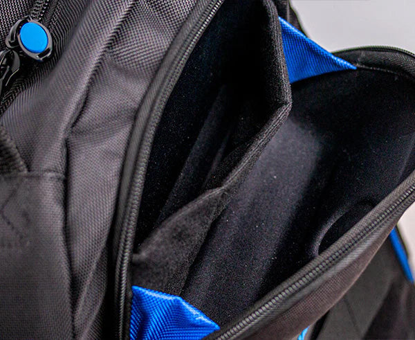 A black tool backpack featuring multiple blue zippered pockets