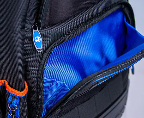 A black and blue technician's backpack with easy-access zipper