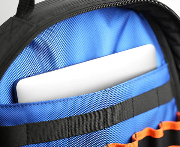 A compartmentalized backpack with a dedicated laptop sleeve in blue and orange