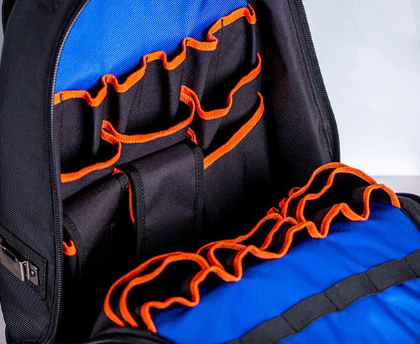 A multi-compartment backpack designed for tool storage