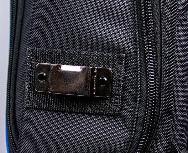 Detailed view of the tool backpack's sturdy black zipper