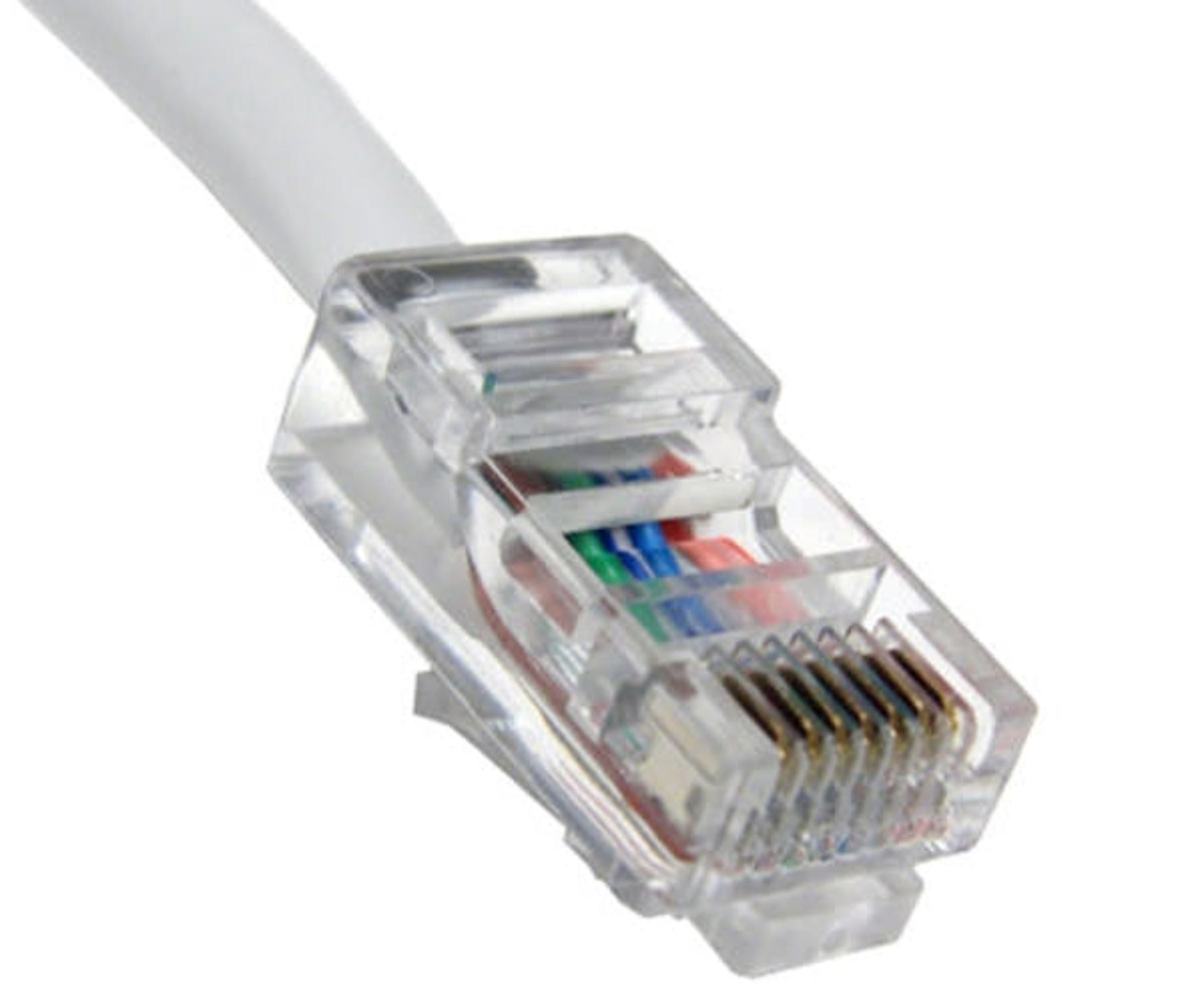 A white 0.5ft Cat5e Non-booted UTP Ethernet Patch Cable with colored wires