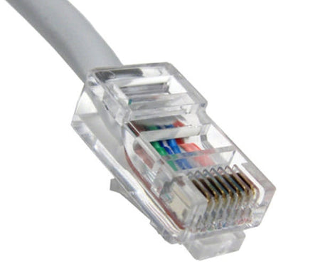Close-up of the 100ft gray Cat5e non-booted UTP Ethernet cable's connector