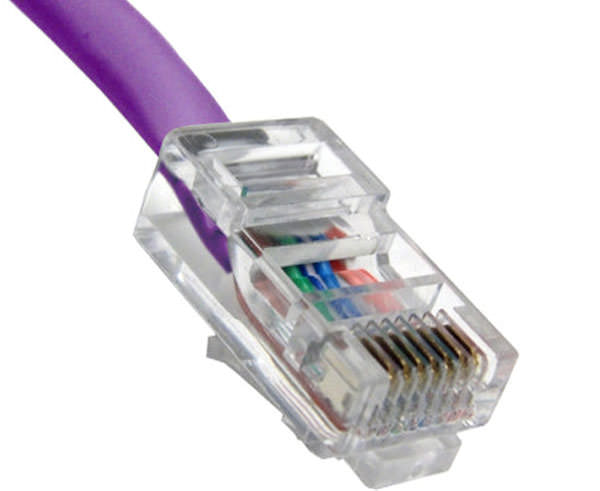 Close-up of the 100ft purple Cat5e non-booted UTP Ethernet cable's connector