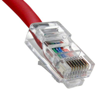 Close-up of the 100ft red Cat5e non-booted UTP Ethernet cable's connector
