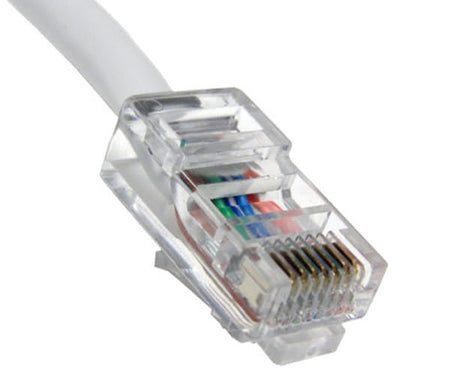 Close-up of the 100ft white Cat5e non-booted UTP Ethernet cable's connector