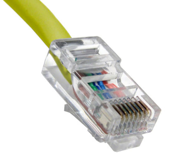 Close-up of the 100ft yellow Cat5e non-booted UTP Ethernet cable's connector