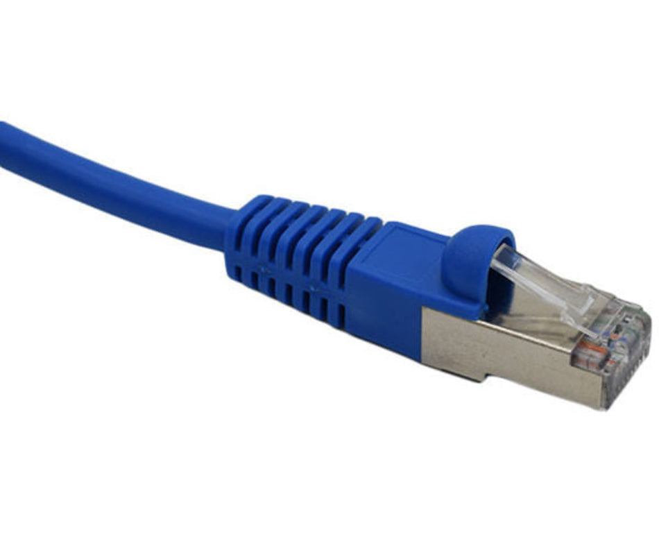 Blue 0.5ft Cat5e F/UTP Ethernet patch cable with snagless design against white backdrop