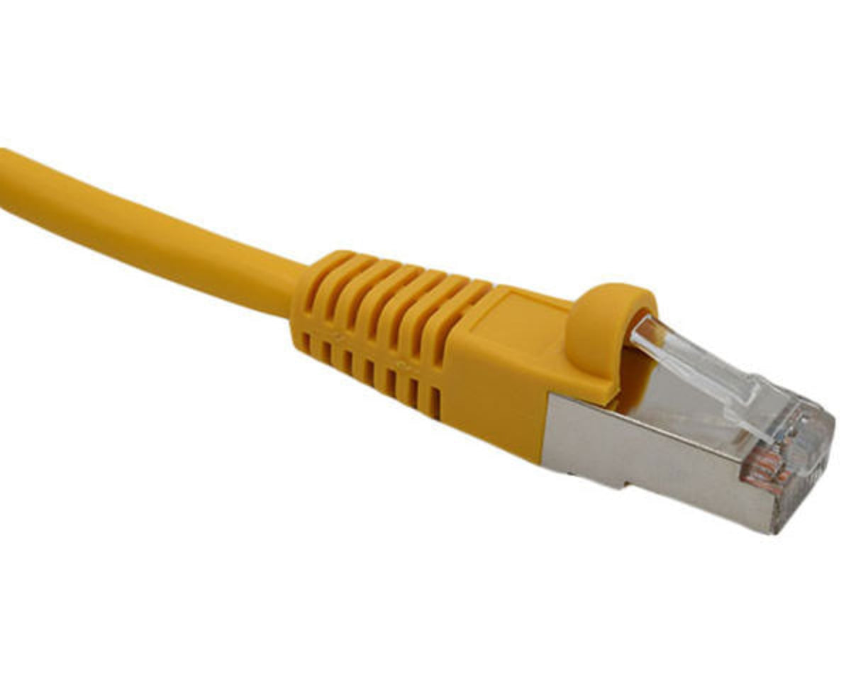Compact 0.5ft Cat5e snagless shielded Ethernet cable in yellow with a white background