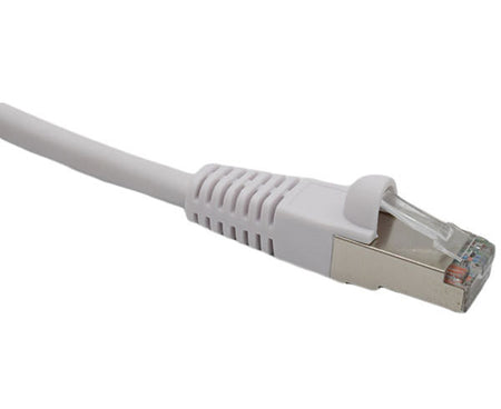 White 25ft Cat5e Snagless Shielded Ethernet Cable with a close-up of the plug