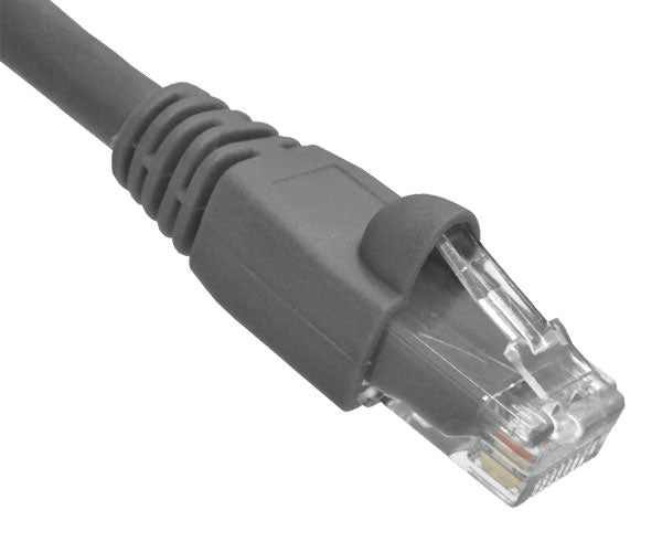 A gray Cat6A snagless unshielded Ethernet patch cable with a connector