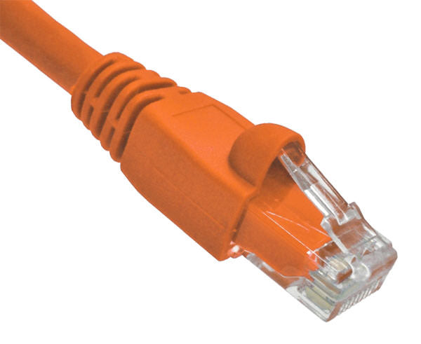 An orange Cat6A snagless unshielded Ethernet patch cable with a connector