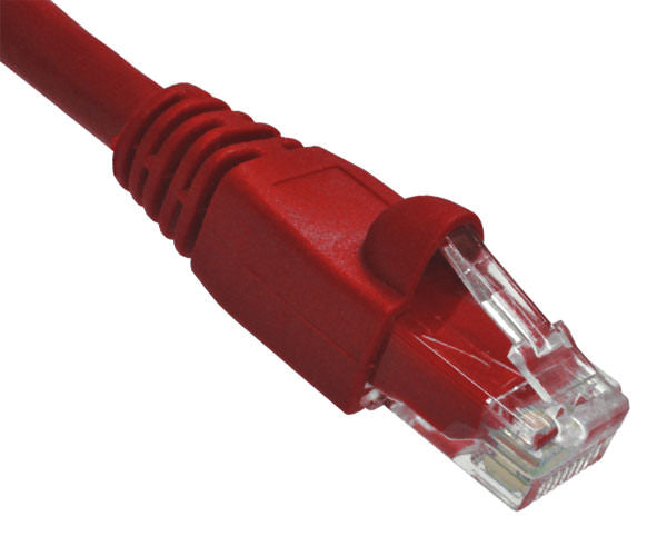 A red Cat6A snagless unshielded Ethernet patch cable against a white background
